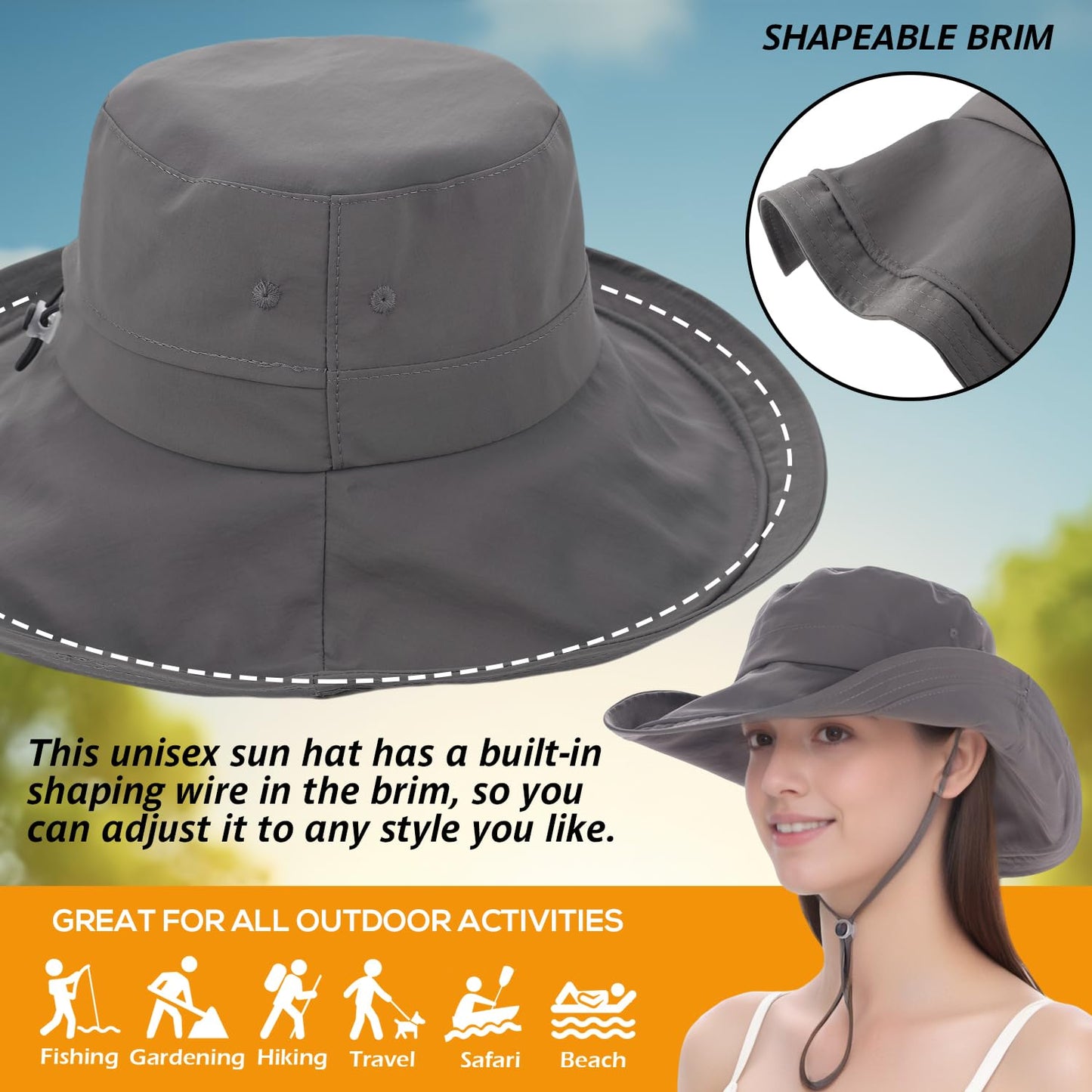 EINSKEY UPF 50+ Women's Sun Hat, Waterproof Wide Brim Bucket Hat, Ponytail Hole, Packable for Beach Hiking Fishing Gardening Dark Grey