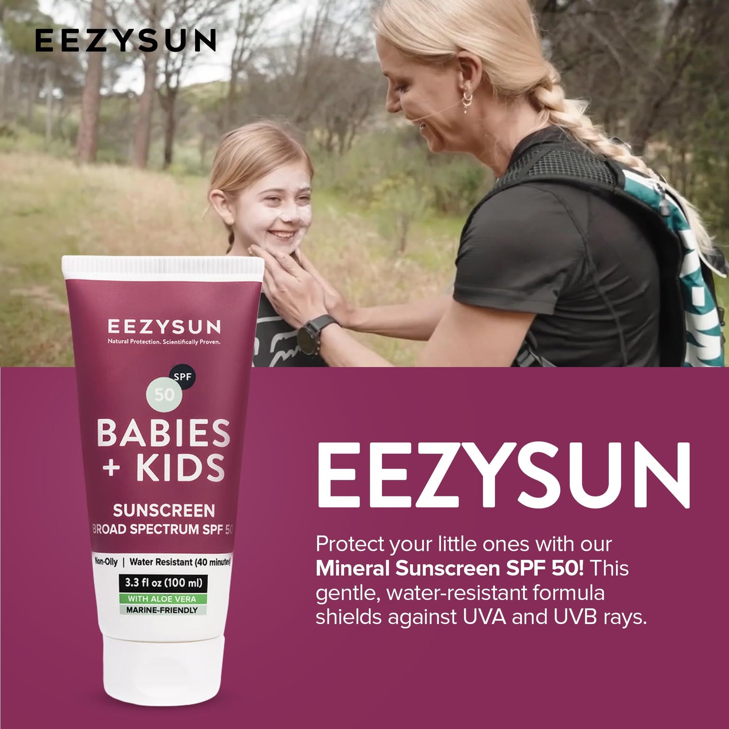 EEZYSUN Babies & Kids SPF 50 Mineral Sunscreen | Dermatologically Tested for Sensitive Skin | Contains Aloe Vera | Sweat/Water Resistant | Cruelty-Free | Reef-Safe | Travel Size - 3.3 FL OZ