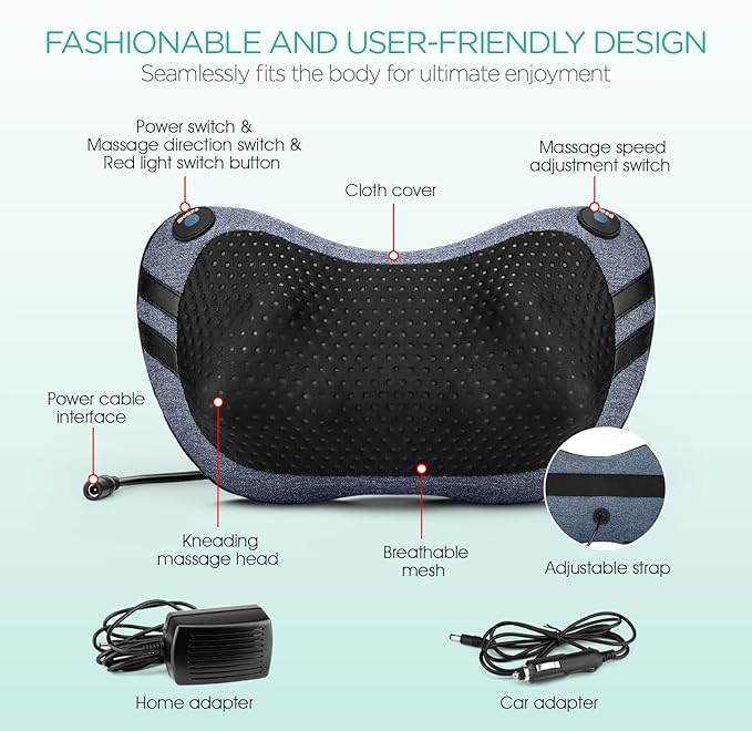 VOYOR-HEALTH Shiatsu Neck and Back Massager with Heat - 3D Kneading Deep Tissue Massage Pillow for Lower Back, Shoulder, Calf, Foot, Use at Home, Car, Office (Pale Blue)