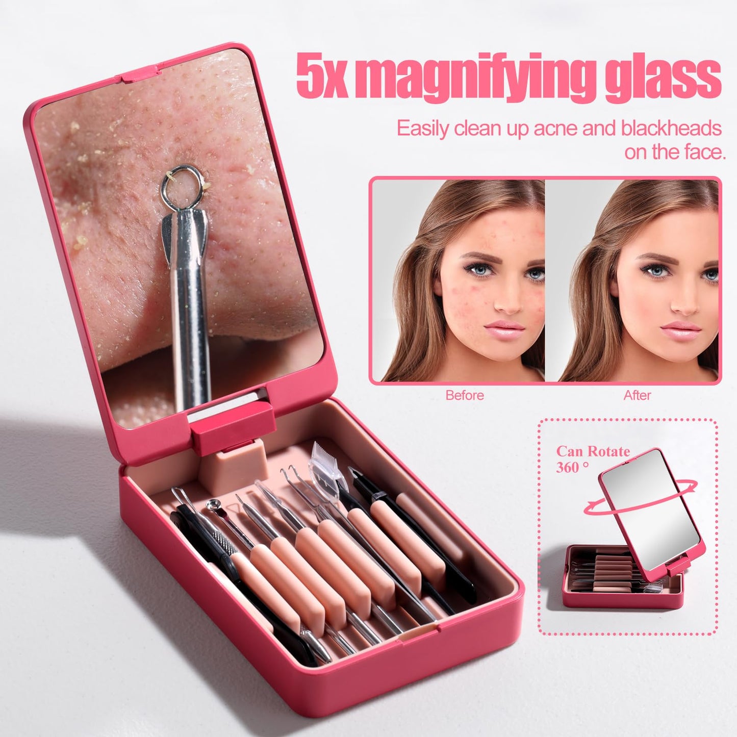 JPNK Blackhead Remover Tool Comedones Extractor Acne Removal kit & Eyebrow Trimmer Kit, 8PCS in One with 5X Magnifying Mirror