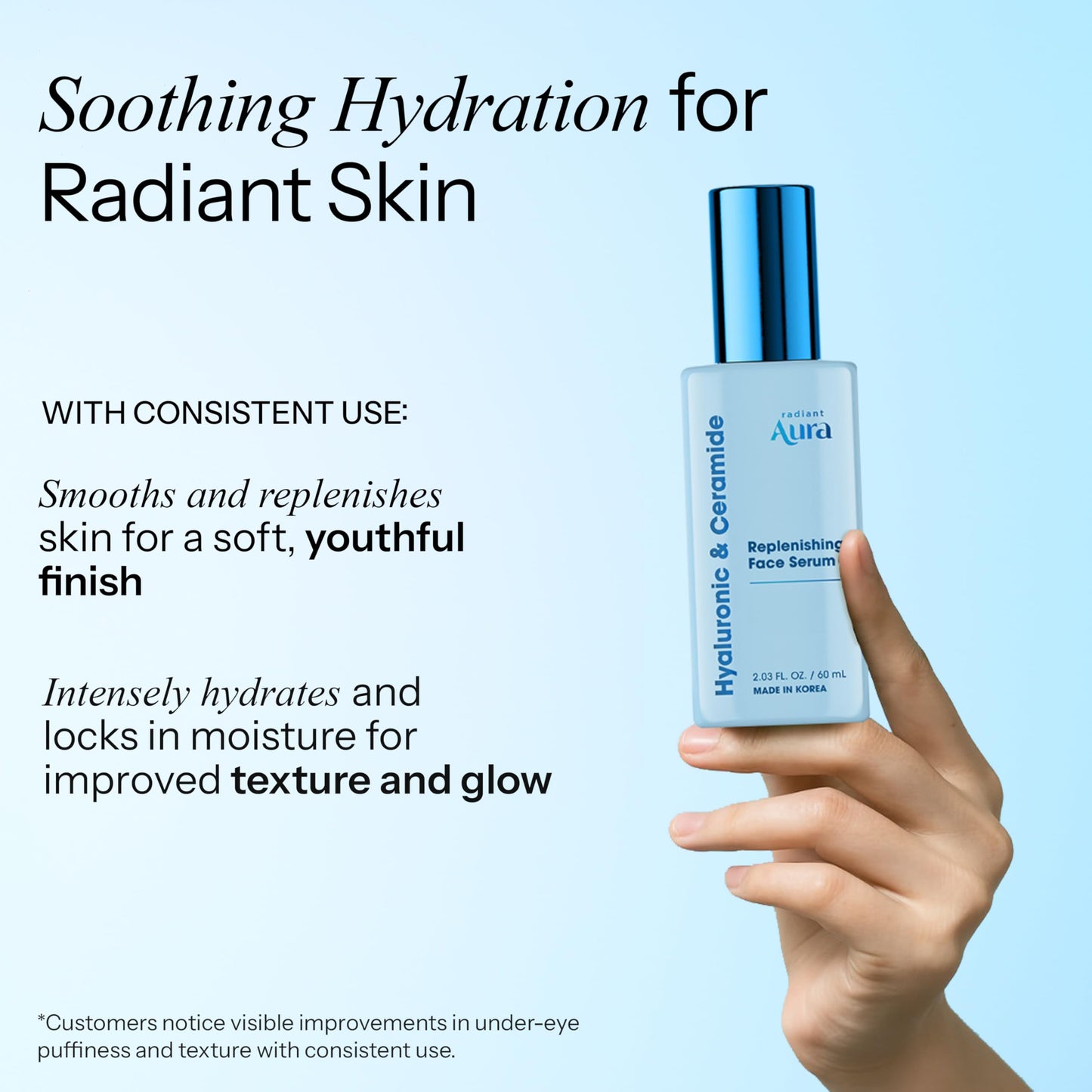 Radiant Aura Facial Serum with Hyaluronic Acid & Ceramide - Dermatologist Tested Korean Serum for Glowing Skin - Hydrating, Calming & Skin Barrier Repair - Suitable for Sensitive Skin - 2 Fl. Oz