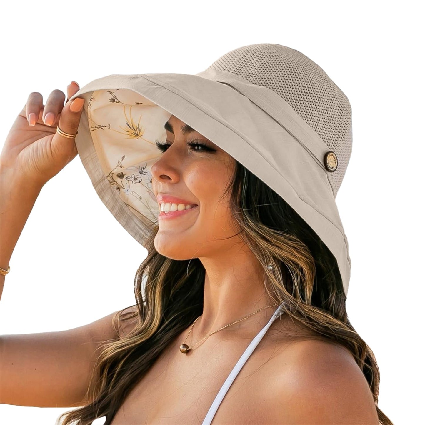 Women's-Mesh-Sun-Hats Wide-Brim Summer Beach Bucket Caps for Girls Outdoor-UV-Protection Foldable-Fishing-Hat Chin Strap Beige