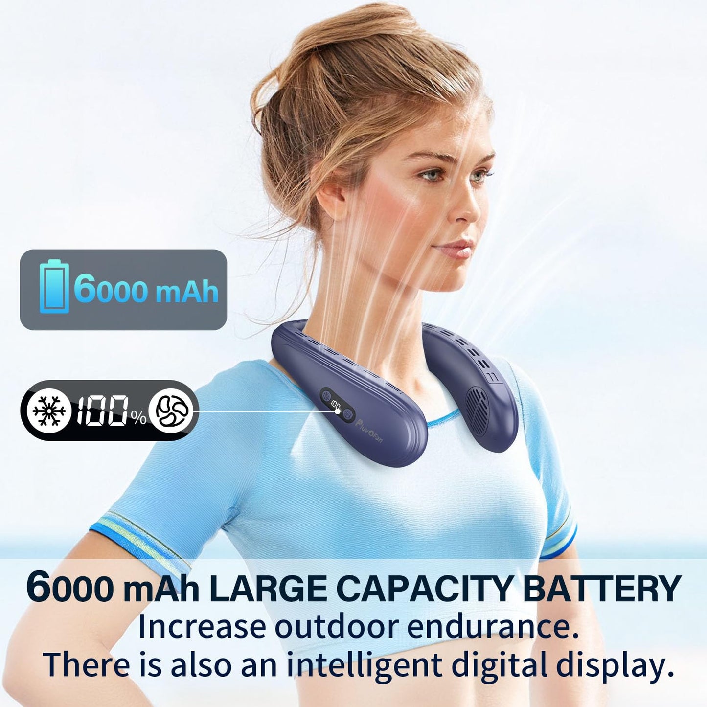 PluvoFan Neck Fan Back-Windy 6000mAh with Cooling Plate Bladeless Portable Thermo-Electric Cooler Rechargeable Camping Essentials for Women Men Outdoor Activities Gardening Walking the Dogs(Navy Blue)