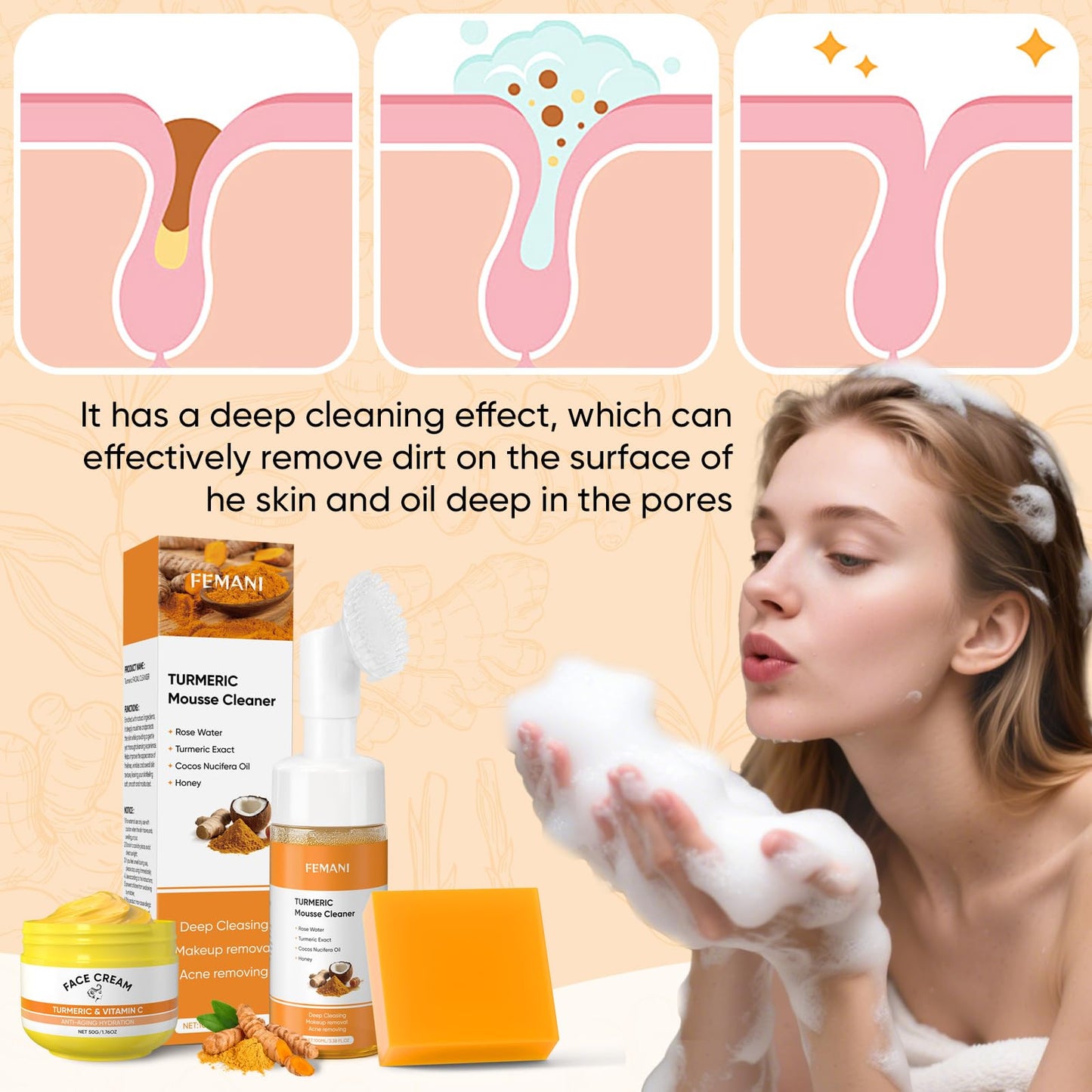 Turmeric Soap Bar and Turmeric Face Cream and Turmeric Face Wash Set for Face & Body, Facial Cleanser, Soothing, Hydrating Skin Care Set for All Skin Type, Cleansing Mousse, Bring a Bubble Net
