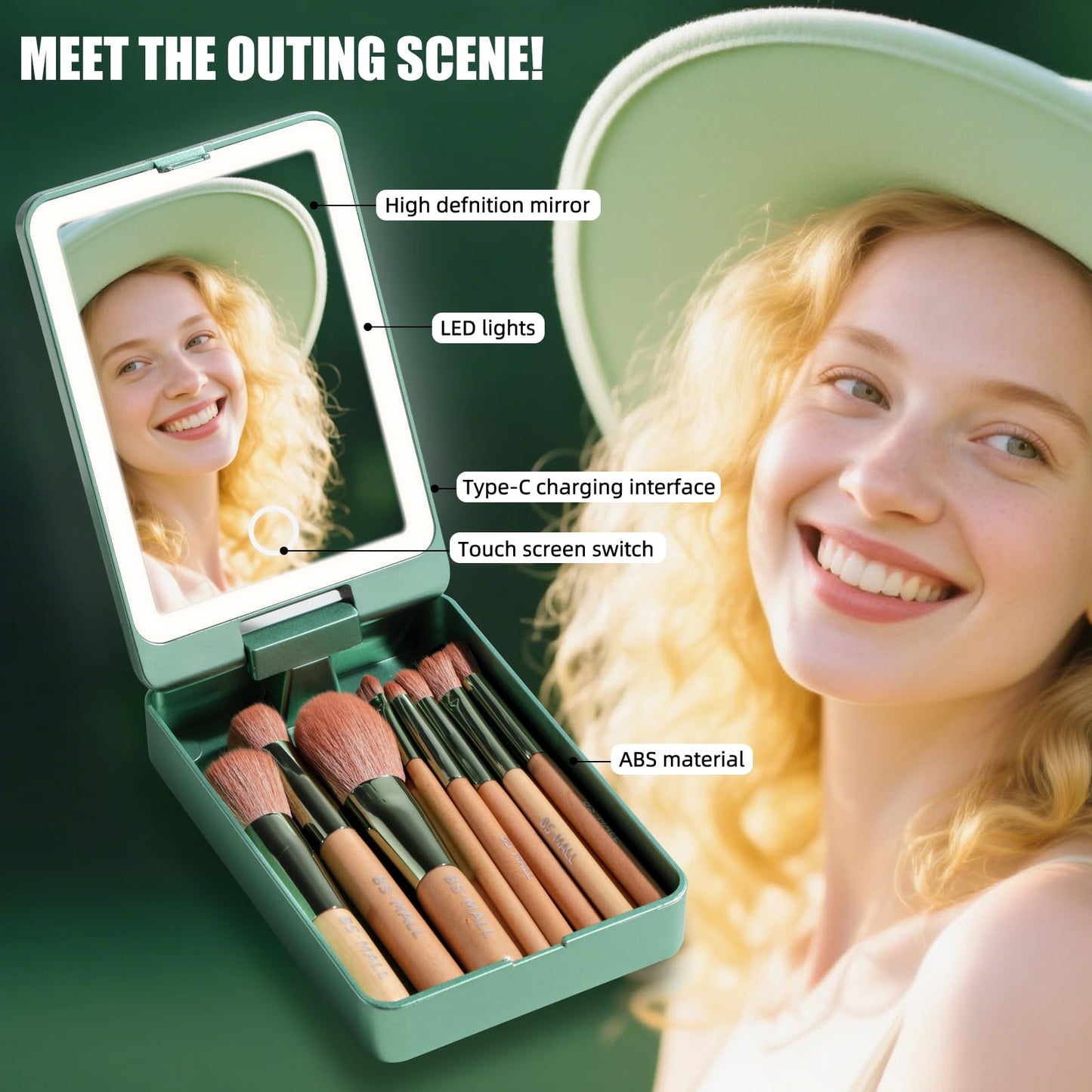 BS-MALL Travel Makeup Brush Set – 14 Pcs Foundation Powder Concealers Eye Shadows with LED Light Mirror, Green