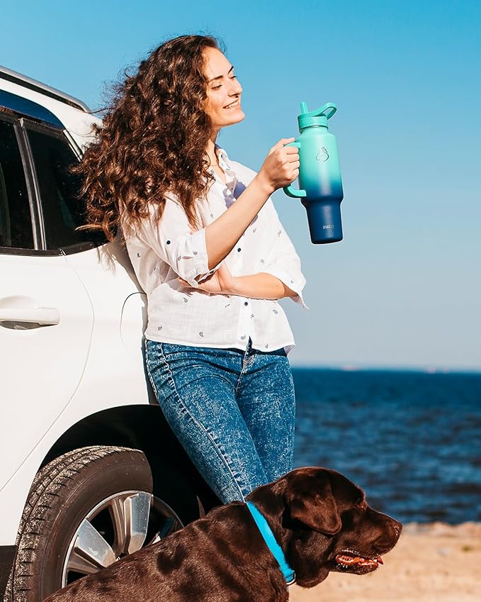 BUZIO Stainless Steel Water Bottle Fits in Cup Holder with Straw Spout Lid, 40 oz Insulated Tumbler with Handle, Double Wall Travel Mug Keep Cold 48hrs Hot 24hrs, Caribbean Blue