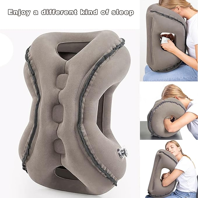 Inflatable Travel Pillow | Airplane Neck Pillow & Portable Inflatable Neck Support - Multifunctional for Flights, Cars, Office Use, with Eye Mask & Earplugs (Grey)