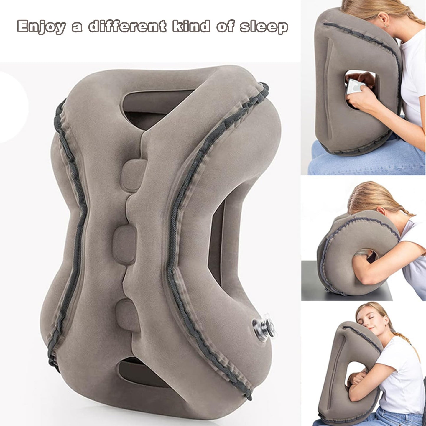 Inflatable Travel Pillow | Airplane Neck Pillow & Portable Inflatable Neck Support - Multifunctional for Flights, Cars, Office Use, with Eye Mask & Earplugs (Grey)