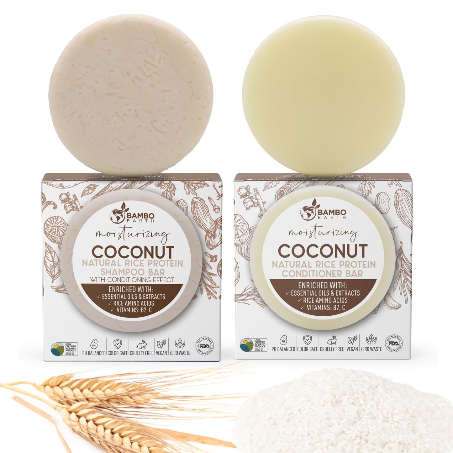 Solid Rice Protein Water Shampoo & Conditioner Hair Soap – Shampoo and Conditioner Bars For Hair With All Natural Plant Based Essential Oils And Zero Waste Packaging (Coconut)