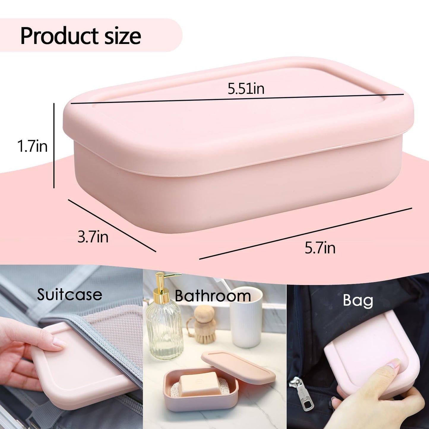 PUTING Large Travel Soap Case Leak Proof, Silicone Shampoo Bar Holder, Soap Container with Draining Layer, Slip-Resistant Portable Bar Soap Holder for Shower, Bathroom, Gym, Camping(Pink)