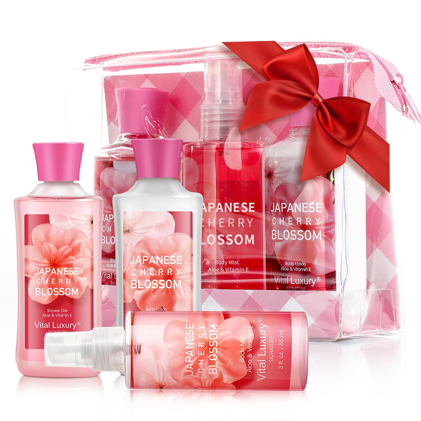 Bath Gift for Women and Girls, Japanese Cherry Blossom Spa Set With Natural Extracts, 3PCS Set - Shower Gel, Lotion, Mist, Personal Self Care Kit, Body Care Travel Set