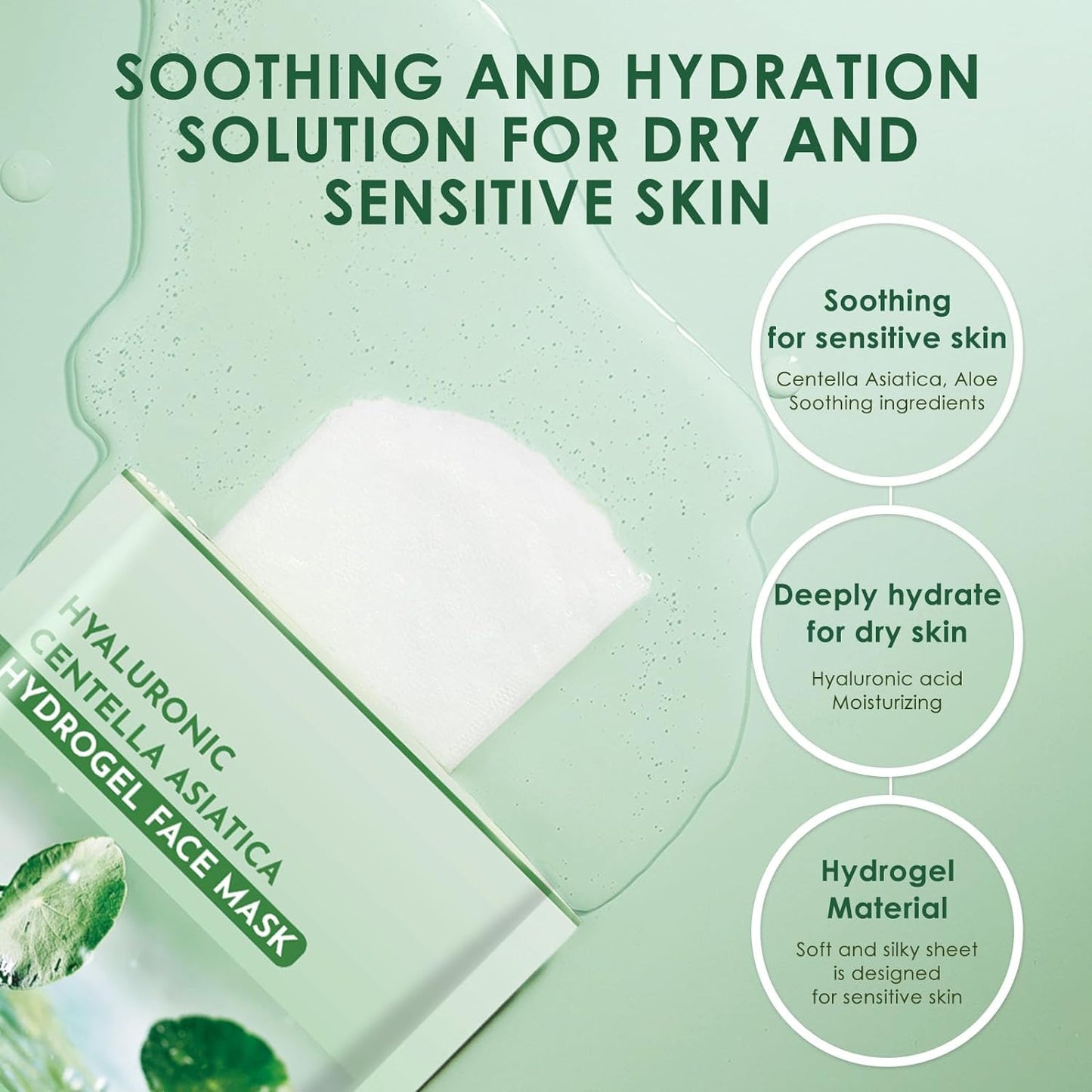 Centella Asiatica Soothing Facial Masks Calming Sheet Mask Hyaluronic Acid Hydrating Sheet Face Mask for Sensitive Skin,Centella Asiatica Calming Mask with Panthenol,Hydrogel Sheet Mask,10 Pack