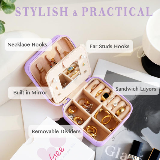 Travel Jewelry Case Mini Portable Jewelry Travel Organizer, Teacher Gifts, Small Jewelry Box for Bridesmaid Proposal Gift, Birthday Gifts for Women to Store Jewelry(Lavender with Mirror)