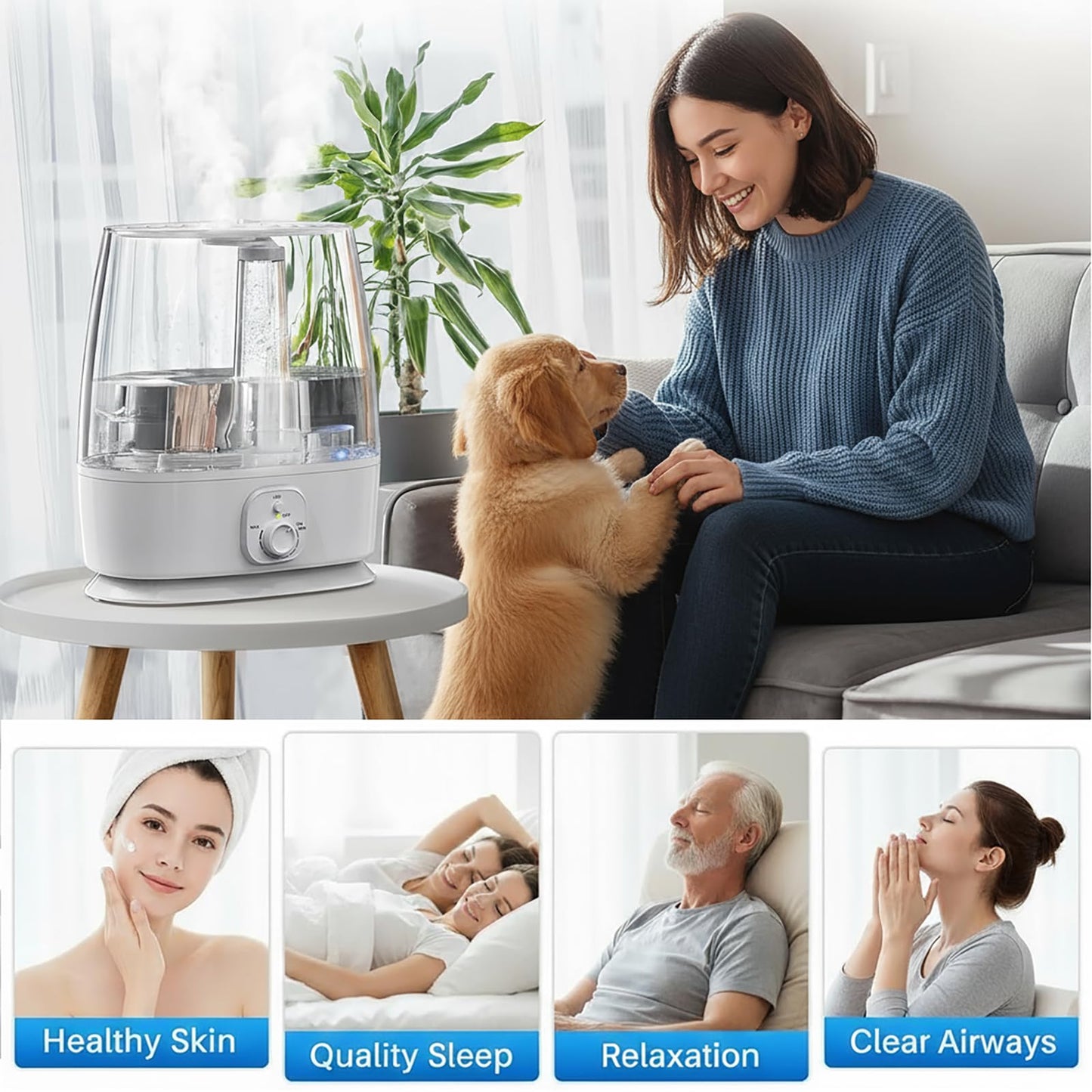 Humidifier for Large Room Bedroom Home, 6L Top Fill Ultrasonic Cool Mist Humidifier 3 in 1, 50H Quiet, Essential Oil Diffuser, Auto Shut-Off, Adjustable Mist Night Light for Baby Nursery, Plants