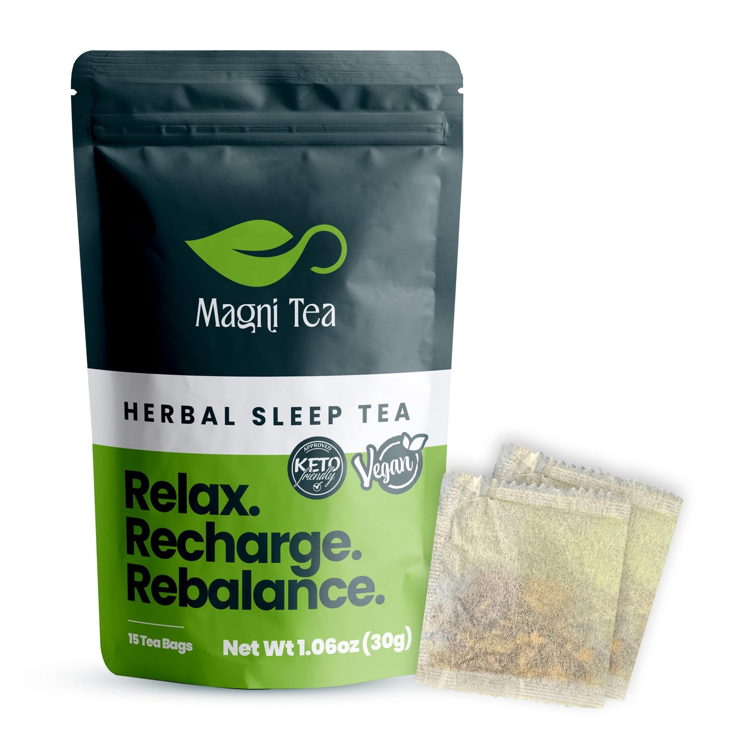 MagniTea Herbal Sleep Aid Magnesium Glycinate Muscle Relaxation Tea Ritual Valerian Root Bedtime Solution Natural Alternative KETO Friendly Vegan Certified Zero Sugar Chamomile Blend Stress Relief Melatonin Free