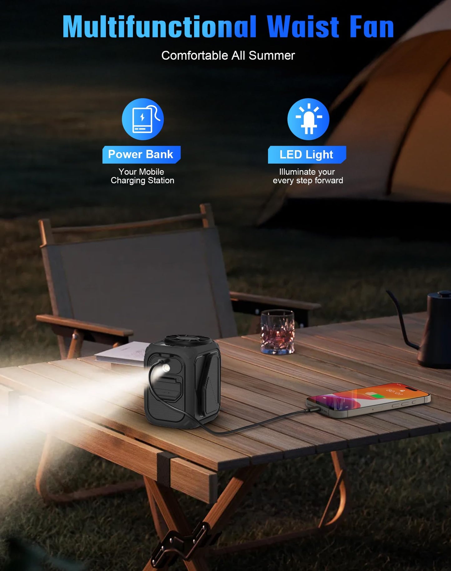 Portable Waist Fan Rechargeable,10000mAh Mini Neck Fan With AI Chip,5 Speeds Strong Airflow,Max 20H Working Time,LED Light,Personal Clip Belt Fan for Outdoor,Traveling,Jobsite(Black).