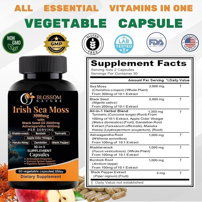 10-in-1 Irish Sea Moss Veggie Caps 3000mg Black Seed Oil Ashwagandha Bladderwrack Burdock Turmeric Apple Cider Vinegar Manuka Honey Dandelion Black Pepper - Made in US(Veggie Caps, Unflavored)