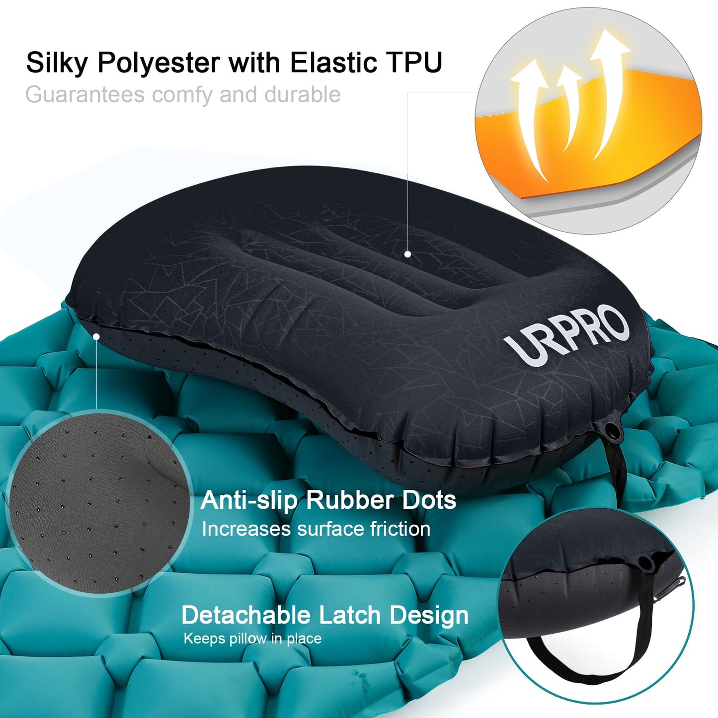 URPRO Ultralight Inflatable Camping Travel Pillow - Compressible, Compact, Comfortable, Ergonomic Inflating Pillows for Neck & Lumbar Support Camp, Hiking, Backpacking Black