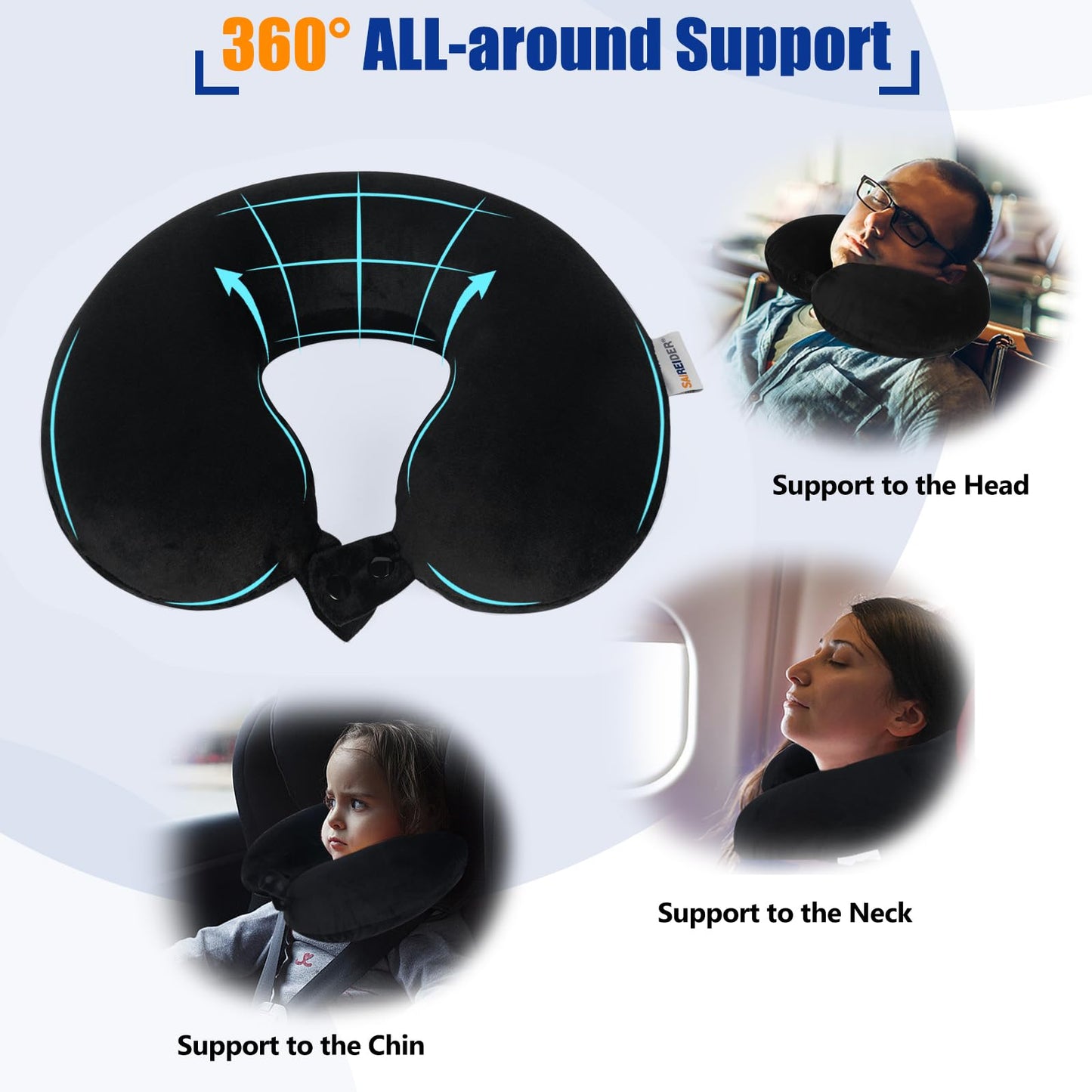 SAIREIDER Travel Pillow 100% Pure Memory Foam Travel Neck Pillow, Airplane Pillow for Traveling、Car、Home、Office,Washable Cover(Black)