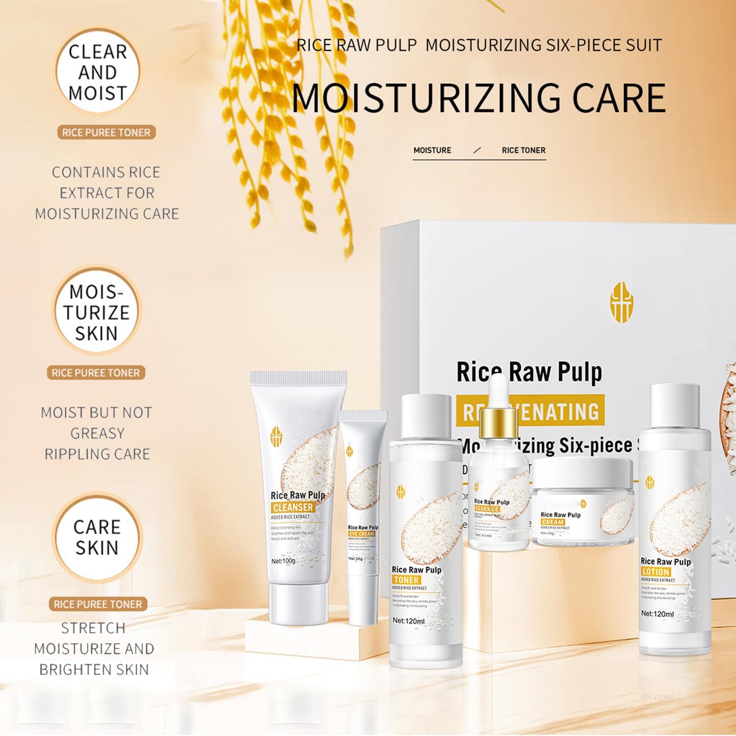 Skincare Set, Rice Raw Pulp Korean Skin Care Sets & Kits for Women Teenage Girls Gifts with Cleanser Toner Eye Cream Essence Emulsion Face Cream Gift Set for Hydrating Skin (6pcs)