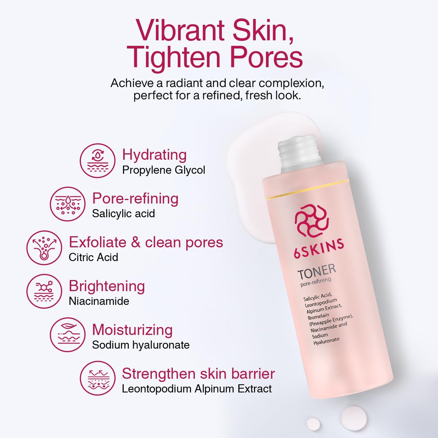 6SKINS® Pore Refining Toner for Face with Salicylic Acid (BHA) & Glycolic Acid (AHA) - Hydrating Korean Skin Care Face Toner for Women - Pore Minimizer for Face, Brightens & Moisturizes Skin - 150 ml