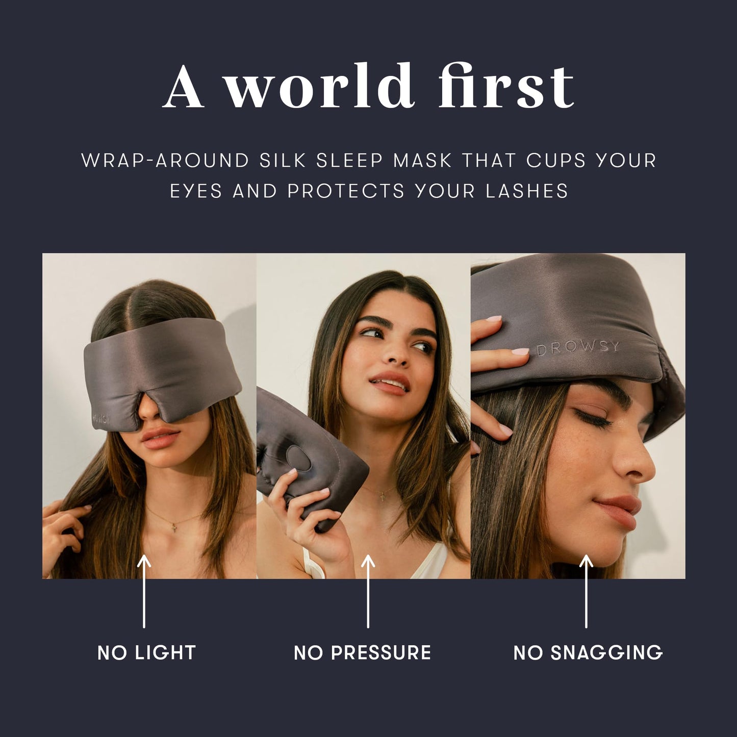 DROWSY Eyelash Protecting Silk Sleep Mask for Natural Lashes & Extensions. Deep Eye Cups, Zero Pressure, Total Blackout, Full Wraparound (Moonlight Shadow)
