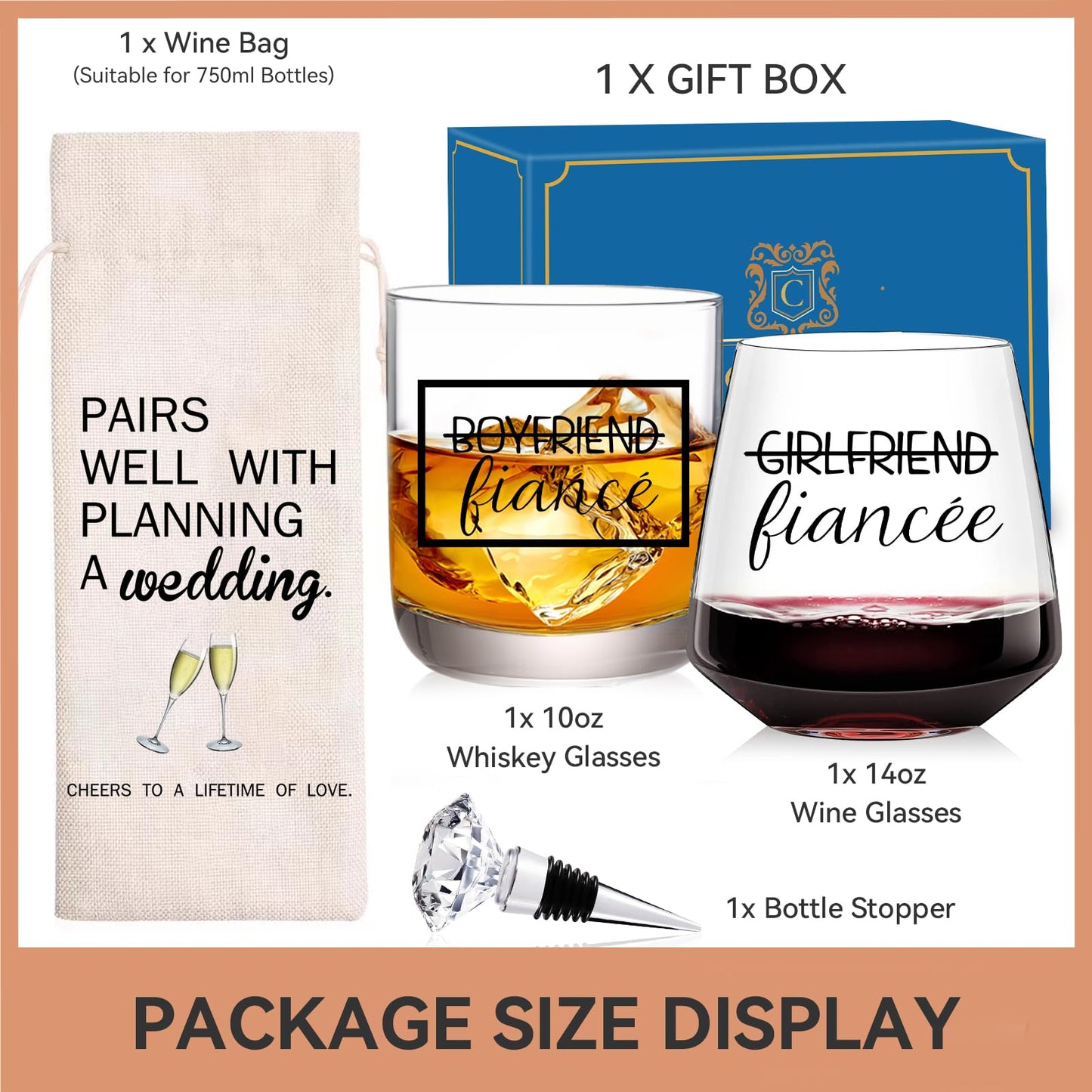 Cyrelwing Engagement Gift Set - 4 Pcs Newly Engaged Gifts for Couple, Bride, Fiance - Party Gifts With Wine Bag and Diamond Wine Stopper