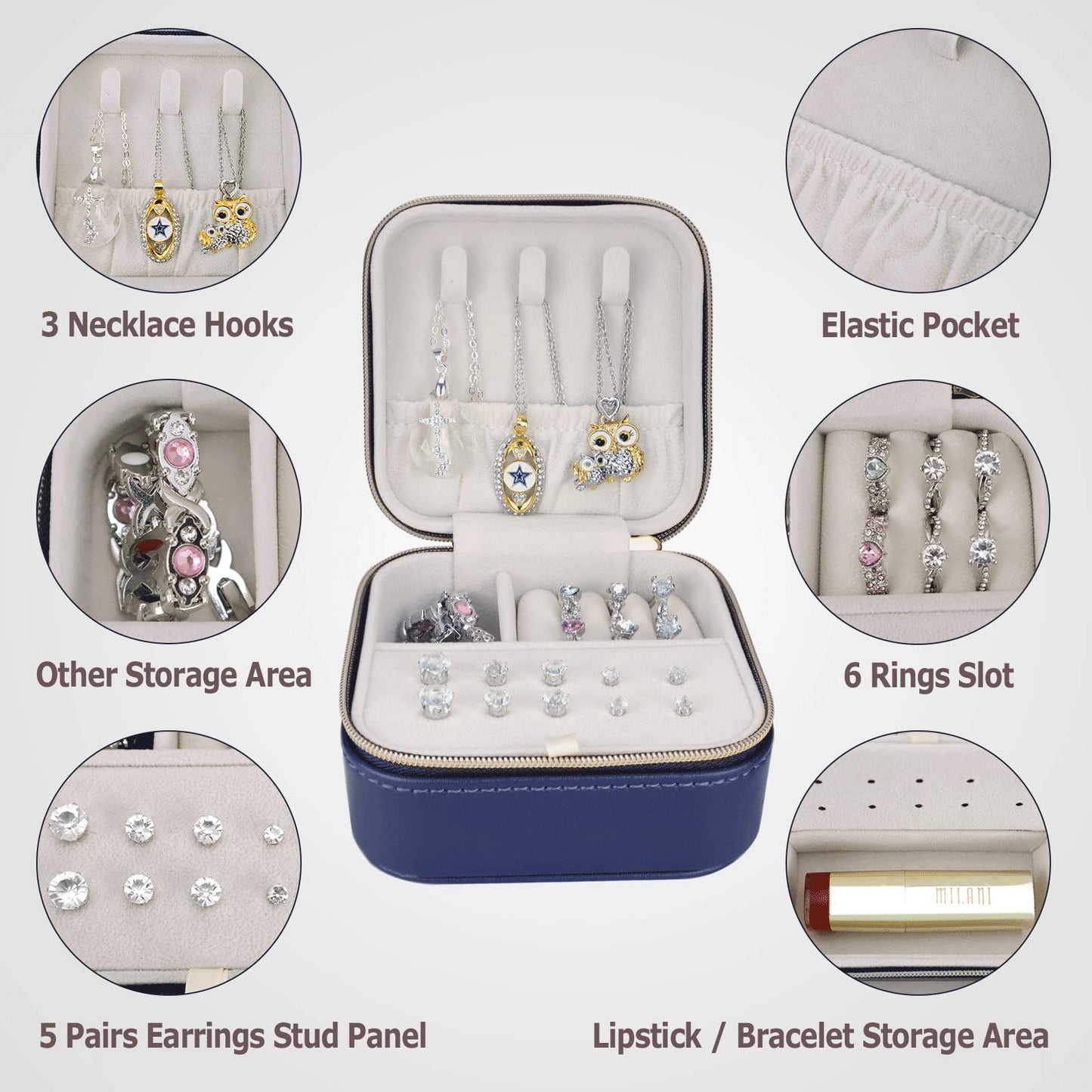 BareTulip Travel Small Portable Mini Jewelry Case for collection Rings Necklaces Earrings and Lipstick Blue