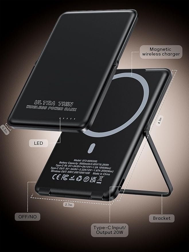 0.3" Ultra Slim Magnetic Power Bank, 5000mAh Wireless Portable Charger with Foldable Stand and USB C Cable, Fast Charging Magnetic Battery Pack Compatible with iPhone 16/15/14/13/12,Travel Essentials