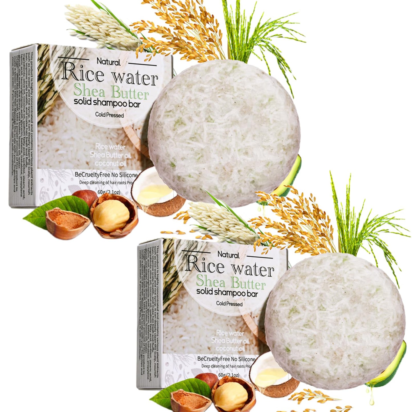 ASMAYSA 2Pcs Rice Water Shampoo Bar for Hair Growth, Protein Shampoo Bar Bulk, Root White Coverage Hair Darkening, Volumizing and Strengthening