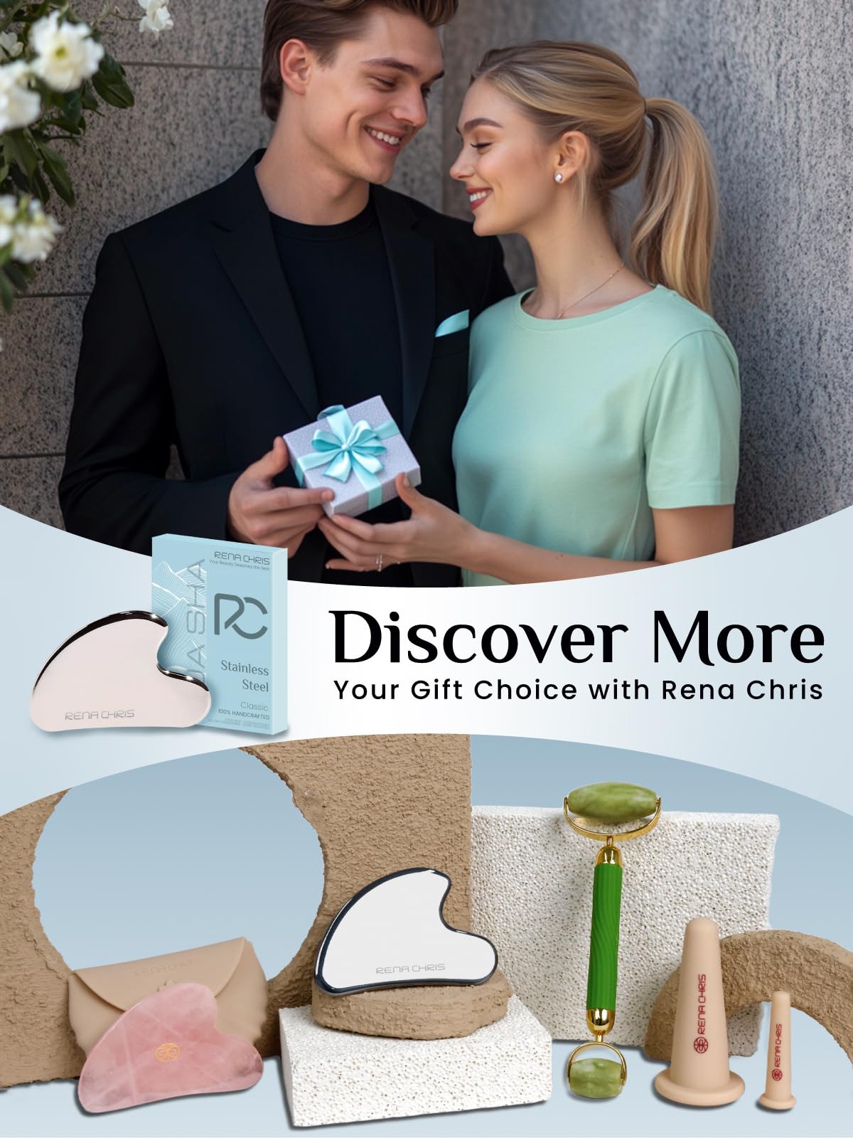 Rena Chris Gua Sha Facial Tools, Stainless Steel Guasha Tool for Acupuncture, Manual Massage Tool for Jawline Sculpting and Puffiness Reducing, Gua Sha Facial Massage Tool, Skin-Care Gift