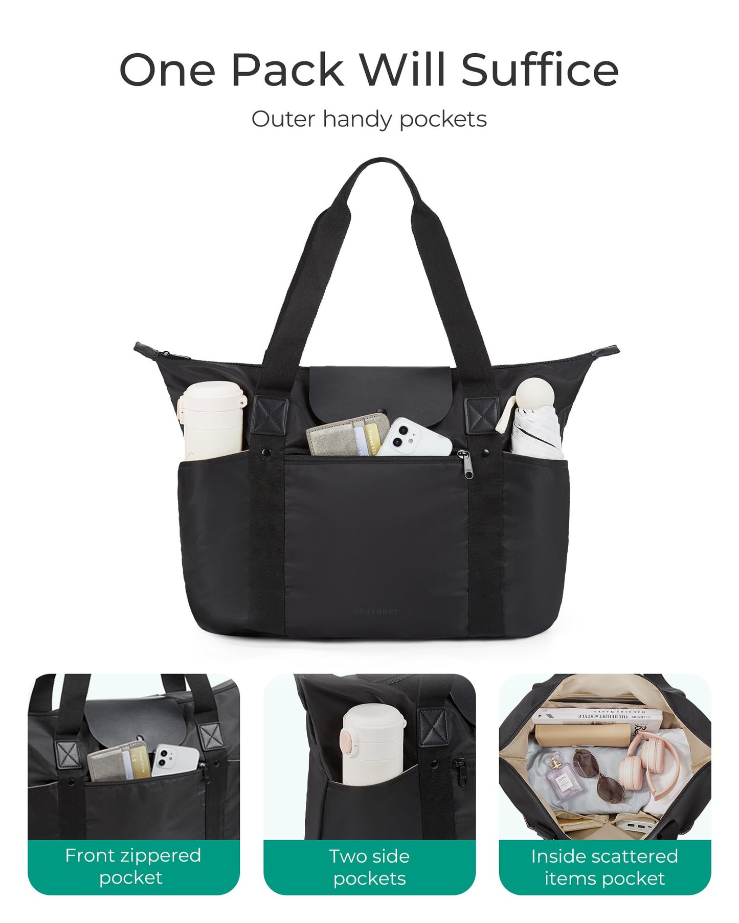 BAGSMART Foldable Tote with Compartments & Zipper, Ladies' Work & Travel Tote, Black