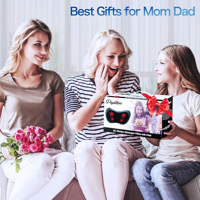 Papillon Neck Massager,Shiatsu Electric Back Massager with Heat,Neck Back Pain Relief Gifts for Mom/Dad/Women/Men,Deep Tissue Kneading Massage Pillow for Shoulder,Legs,Foot,Body Muscle Fatigue Relief