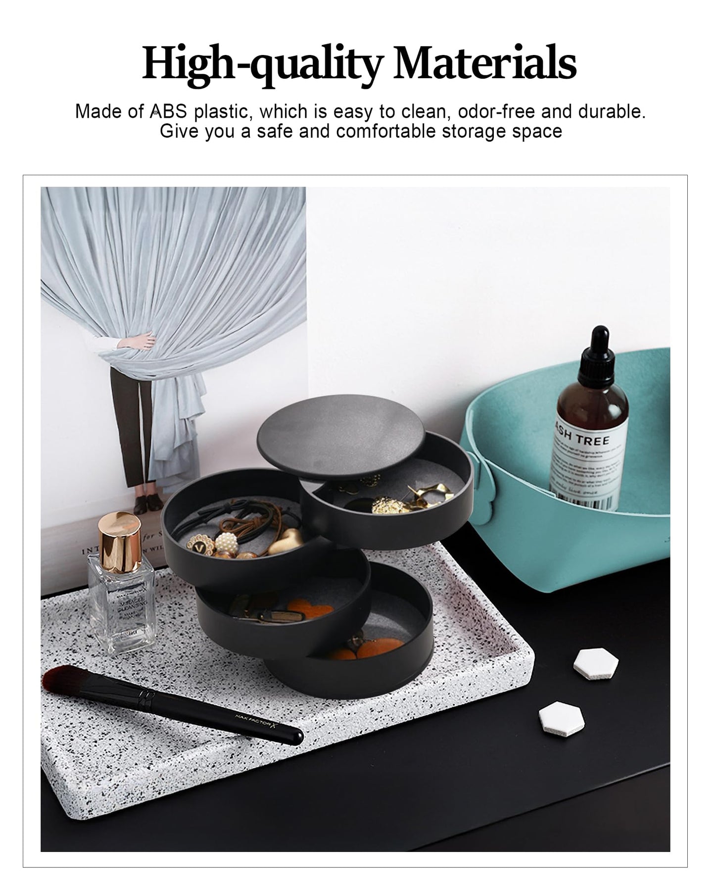 CONBOLA Jewelry Organizer, Small Jewelry Storage Box Earring Holder for Women, 5-Layer Rotating Travel Jewelry Tray Case with Lid for Bracelets Rings Bracelets(Black)