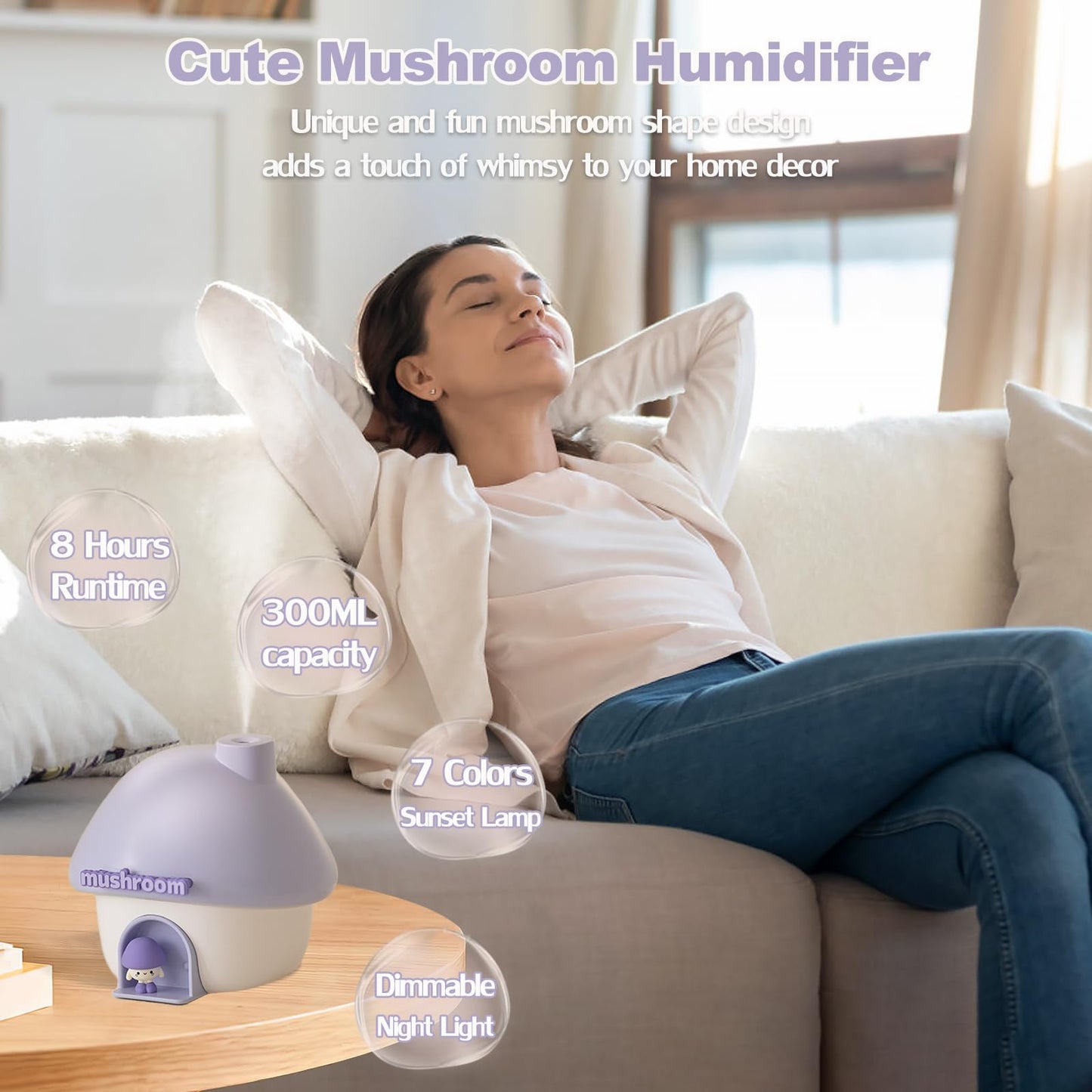 Humidifier for Bedroom, 300ML Cute Mushroom Humidifier with Night Light & 6 Colors Sunset Lamp Projection, Rechargeable Cool Mist Small Humidifier, Mini Humidifier Gifts for Kids Boys Girls (Purple)