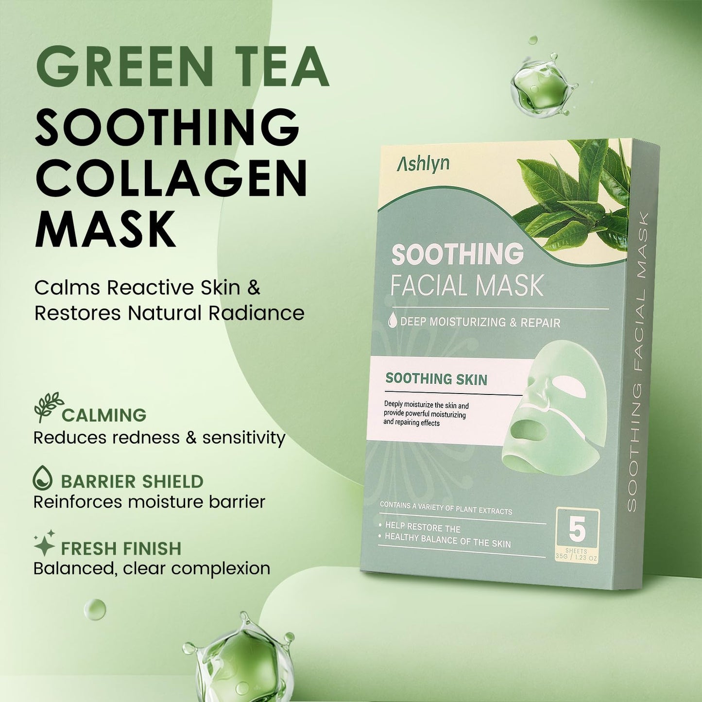 Ashlyn Green Tea Soothing Collagen Face Mask - Overnight Hydrating Sheet Mask with Hyaluronic Acid & Collagen for Sensitive Skin, Deep Moisture Calming Relief for Glass Skin, 35g, 5ea