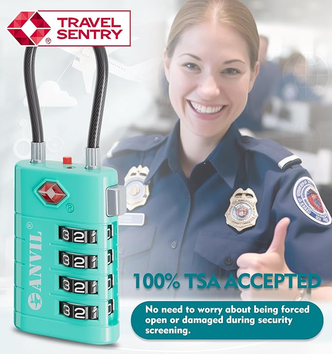 ANVIL 4 Digit Luggage Locks, TSA Locks for Luggage, Advanced TSA008 core, Alert Indicator for Your Travel Lock, Suitcase Lock.(2, Cyan)