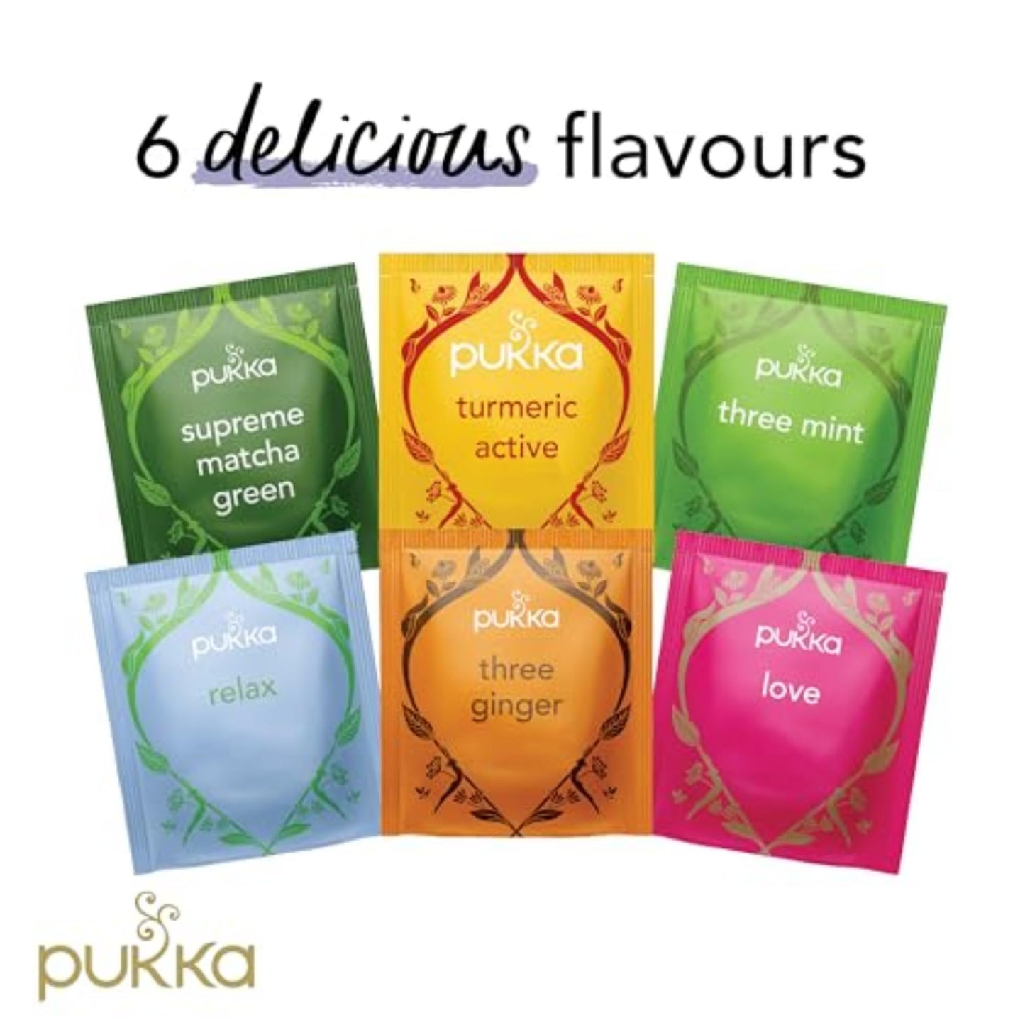 Pukka Tea Organic, Herbal Tea Sampler For Everyday Wellness, Best for Birthdays, Anniversaries & Holidays, Caffeine Free, 90 Bags, 6 Flavors