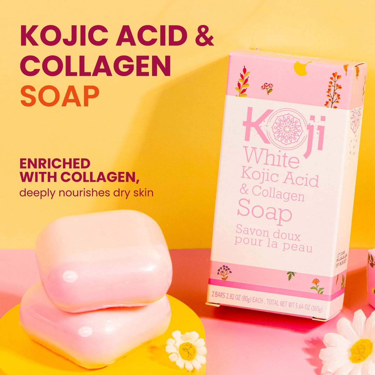 Koji White Kojic Acid & Collagen Skin Brightening Soap for Face & Natural Glowing Skin - Moisturizer, Body Cleansing Bar, Reduce the Appearance of Wrinkles, Vegan, Paraben-Free, 2.82 oz (2 Bars)