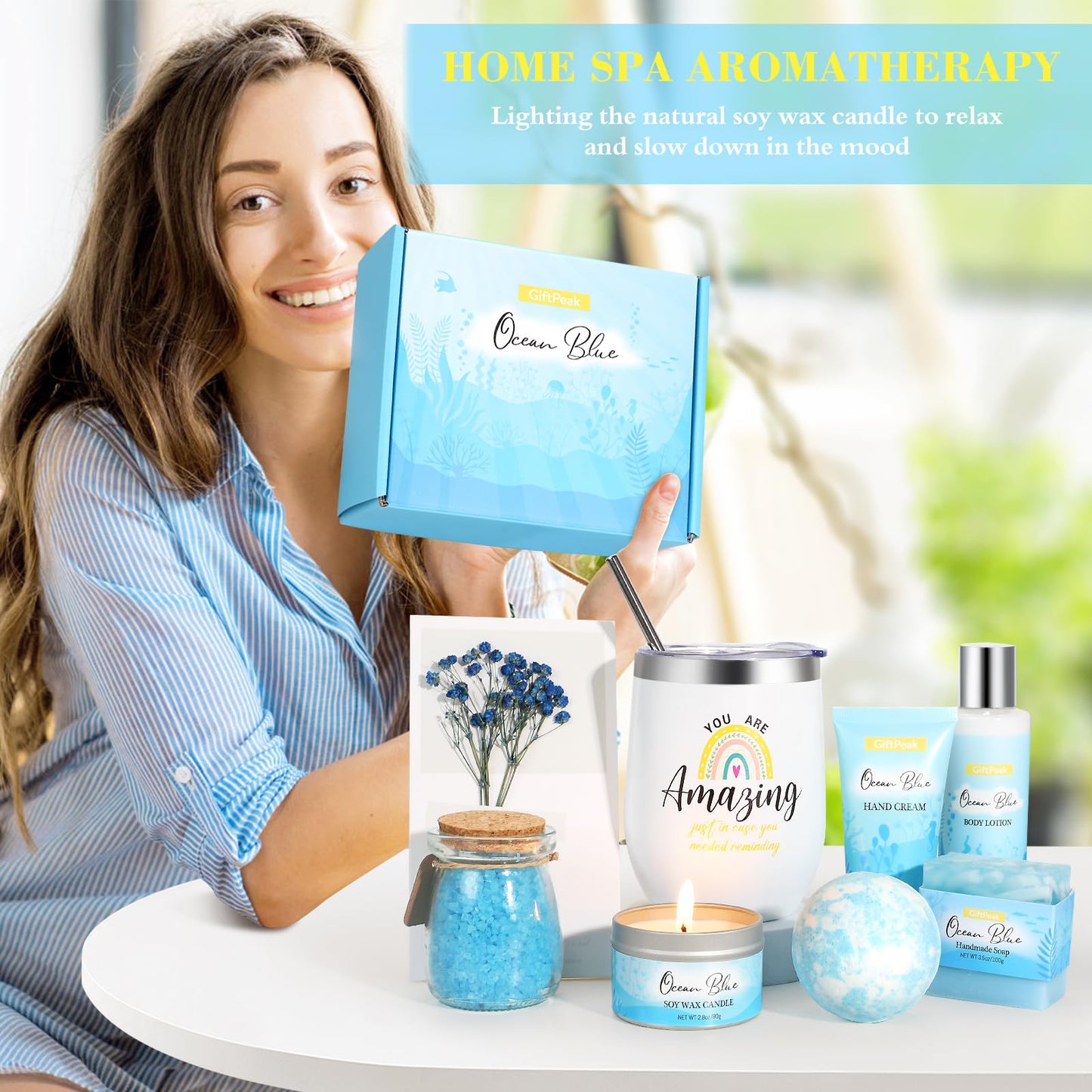 Birthday Gifts for Women, Ocean Scented Relaxing Spa Gift Baskets for Women Mom Her Wife Sister Friends Coworker Employee, Self Care Bath and Body Gift Set for Mother's Day Birthday Inspirational Gift