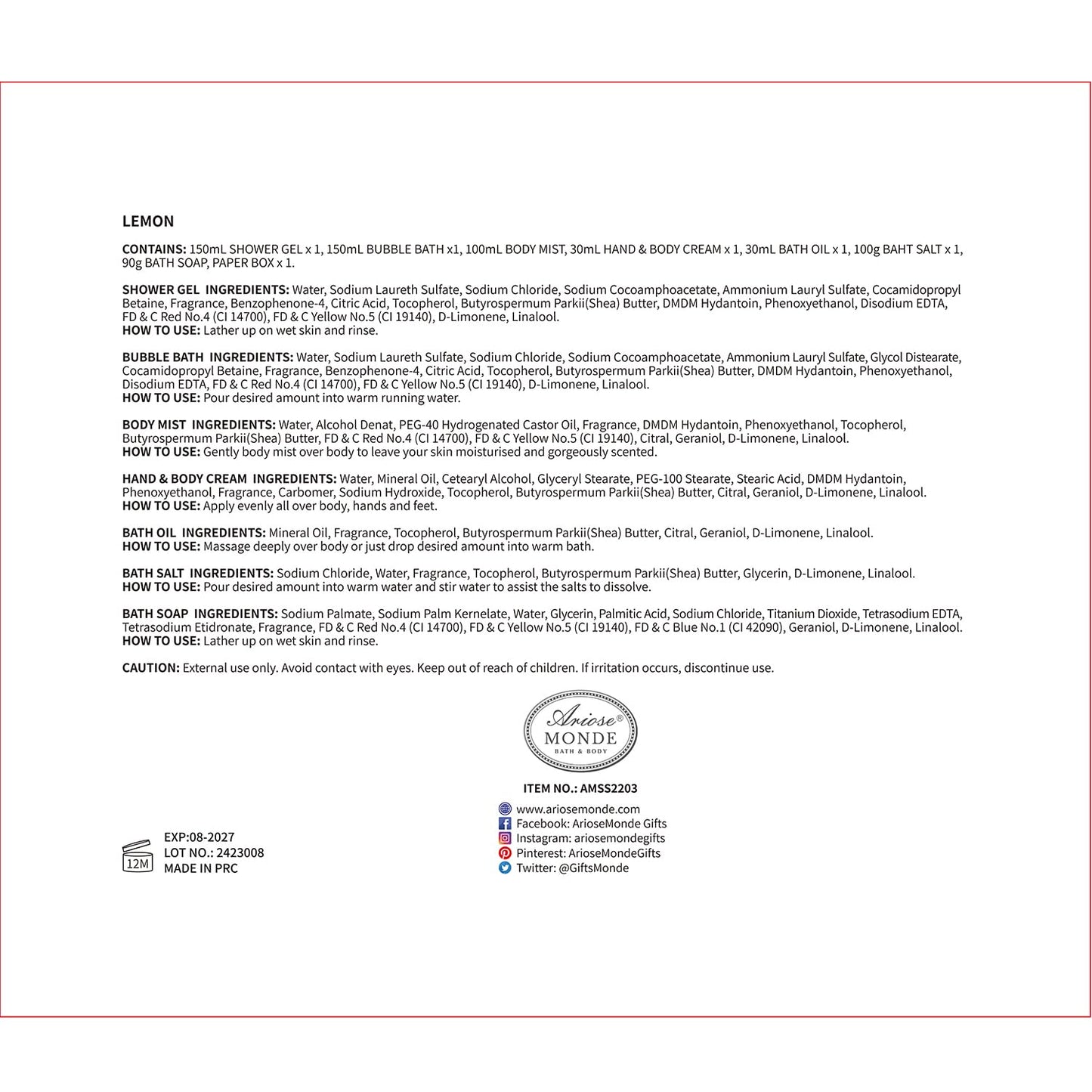 Lemon Scent Bath Spa Gift Box Set for Women - Shower Gel, Bubble Bath, Body Cream, Soap, Salt, Essential Oil