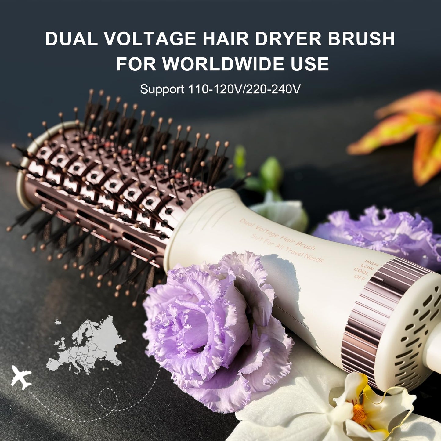 Travel Dual Voltage Hair Dryer Brush 4-IN-1 Portable Mini Hot Air Blow Dryer Straightener & Curler Brush, Titanium Round Blowout Styler Volumizer Tools, 110/240V US/EU/UK Plug for International Travel