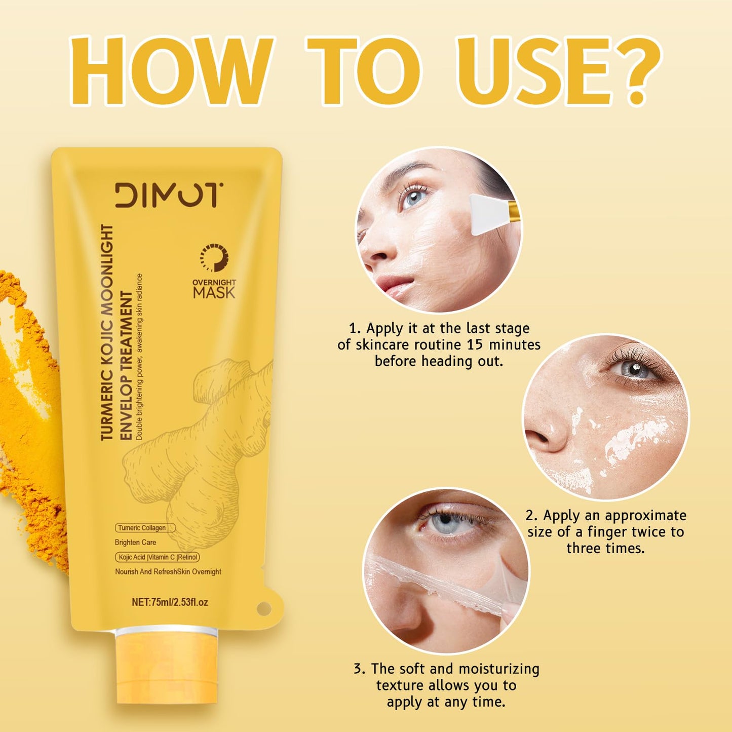 Turmeric Collagen Night Wrapping Mask with Retinol - Hydrating, Firming & Glowing Facial Mask Nourishes Skin, Refines Skin Texture - Turmeric Peel off Mask With Brush for All Skins, 2,53 fl.oz