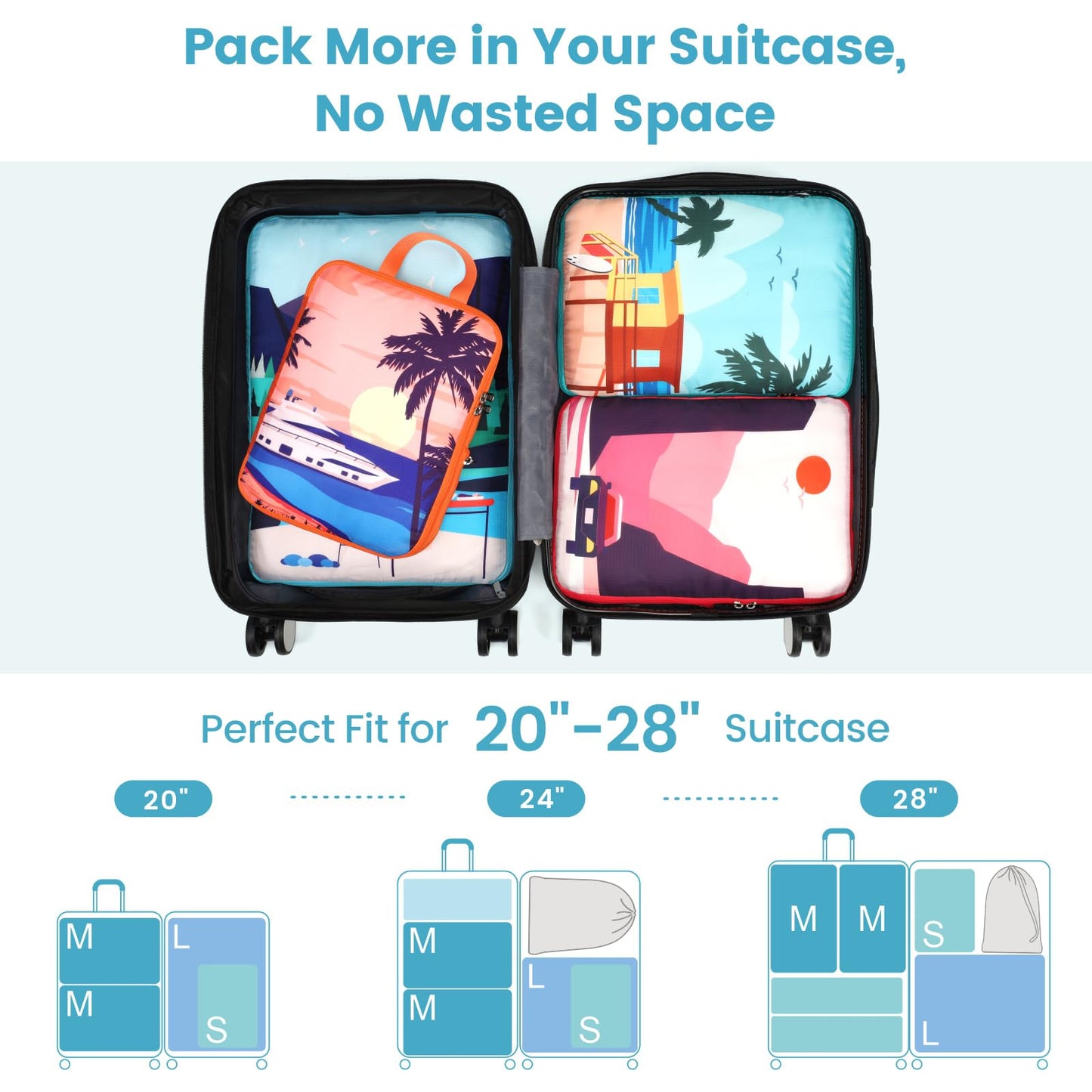 Cambond See Through Mesh Compression Packing Cubes for Travel Women - 4 Set Compression Cubes for Travel, Lightweight Expandable Packing Organizers for Luggage Suitcases, Tourist Landscape