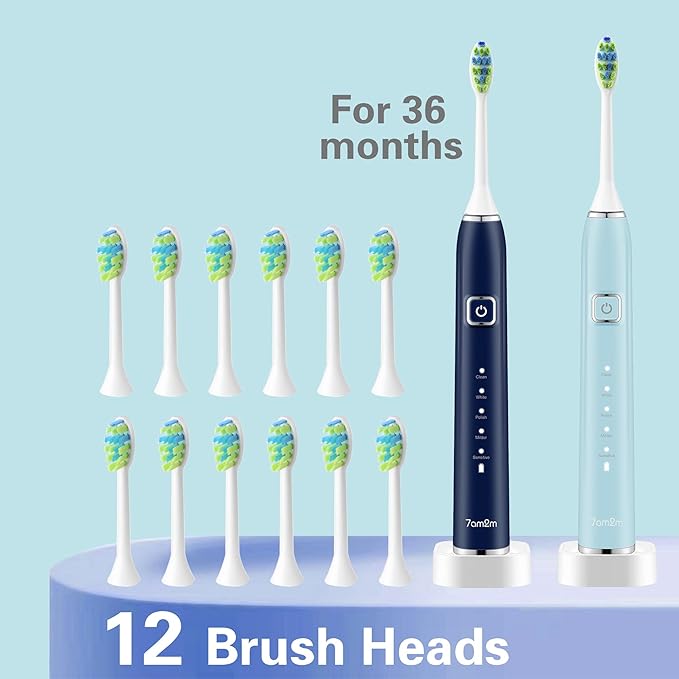 7AM2M Electric Toothbrush 2 Pack Set for Adults, 12 Replacement Brush Heads, 5 Adjustable Modes, Built-in 2-Minute Smart Timer, Fast Charge for 60 Days, IPX7 Waterproof, Navy & Light Blue