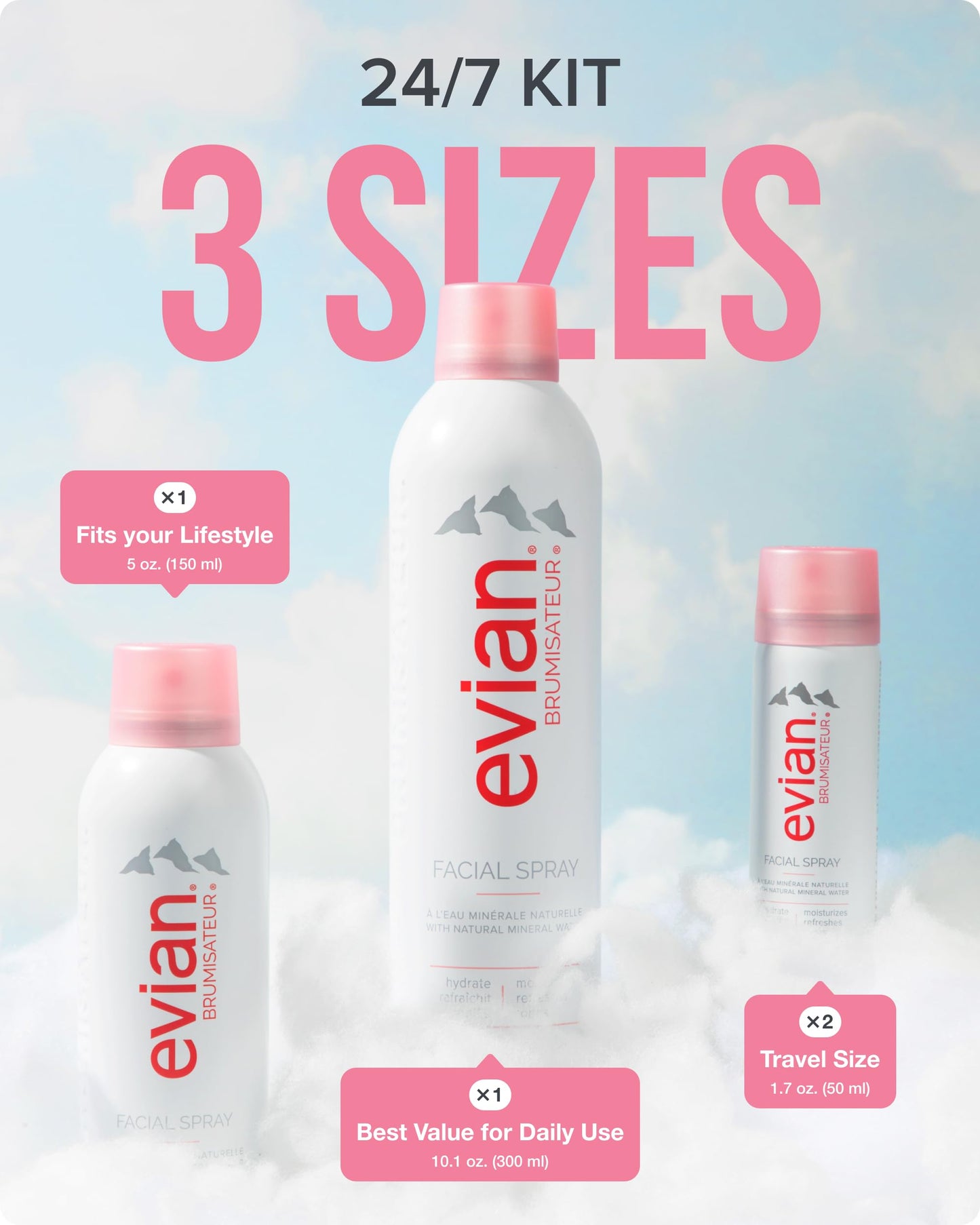 BRUMISATEUR Evian Facial Spray 24/7 Kit - Hydrating Mineral Water Mist for Face & Skin - Refreshes Makeup, Sets, & Tones - Travel-Friendly Sizes for Daily Moisture Boost