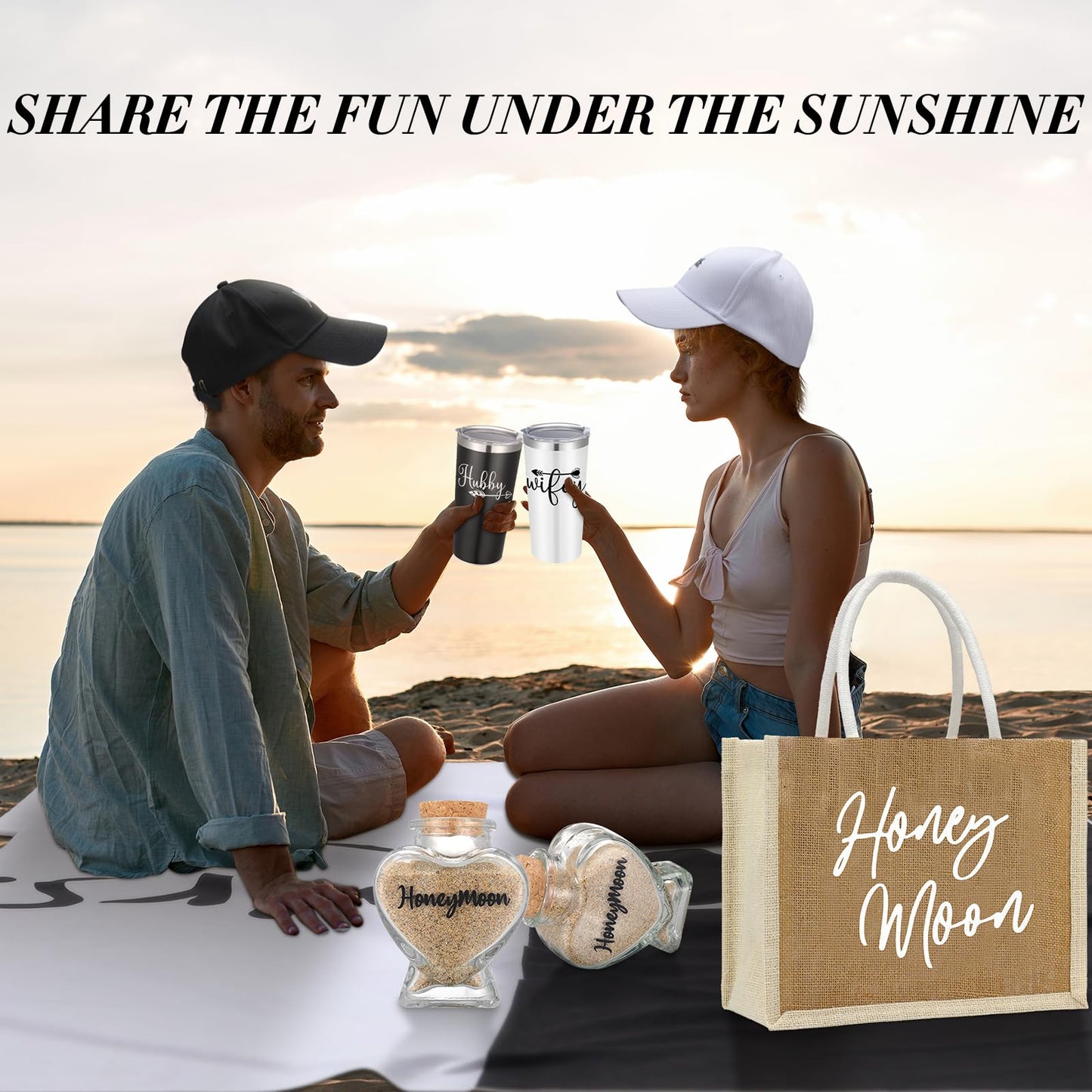 Rtteri 14 Pieces Wedding Gift Set for Couple - Mr & Mrs Honeymoon Gifts Include Wedding Towels, 20 oz Wine Tumbler, Hat, Passport Holder, Baggage Tag, Glass Bottle, Honeymoon Tote Bag