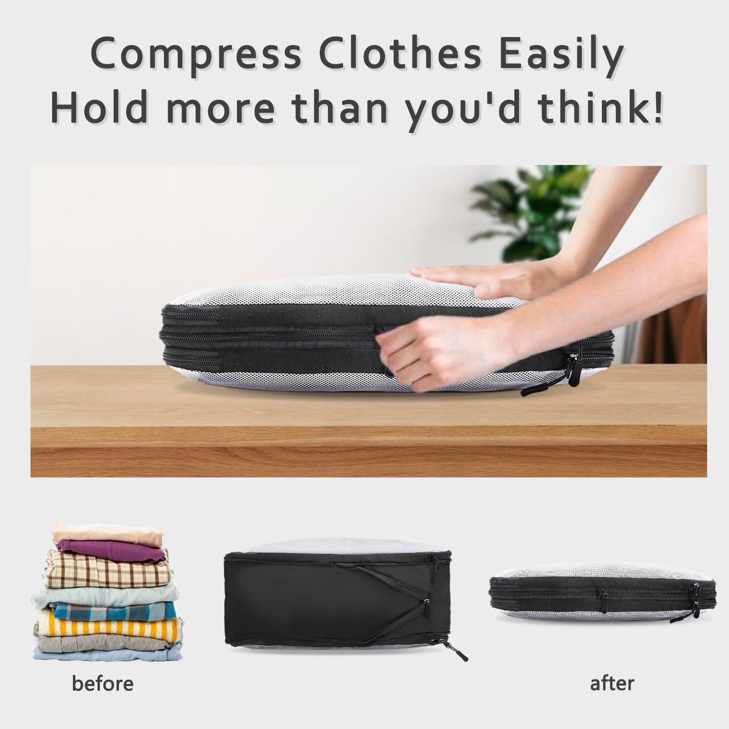 Compression Packing Cubes for Travel Essentials, 2 Set Suitcase Organizers for Luggage Carry on, Large Lightweight Compressible Expandable Mesh Travel Cubes by U+U, Black