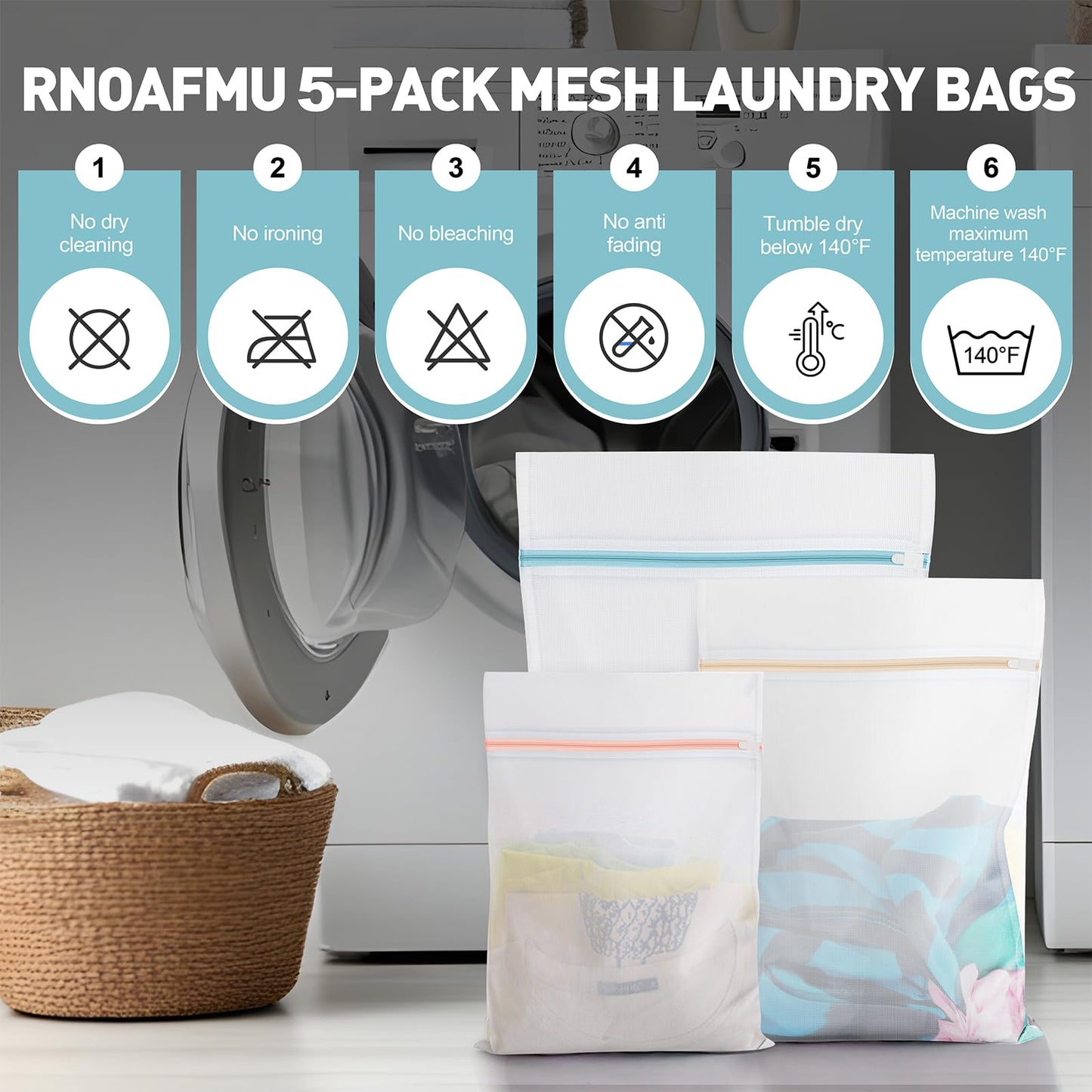 RNOAFMU 5-Pack Mesh Laundry Bags for Delicates | Zippered Wash Bags for Bras, Shoes, Travel, College Dorm Essentials in 3 Sizes (2 Small, 2 Medium, 1 Large)