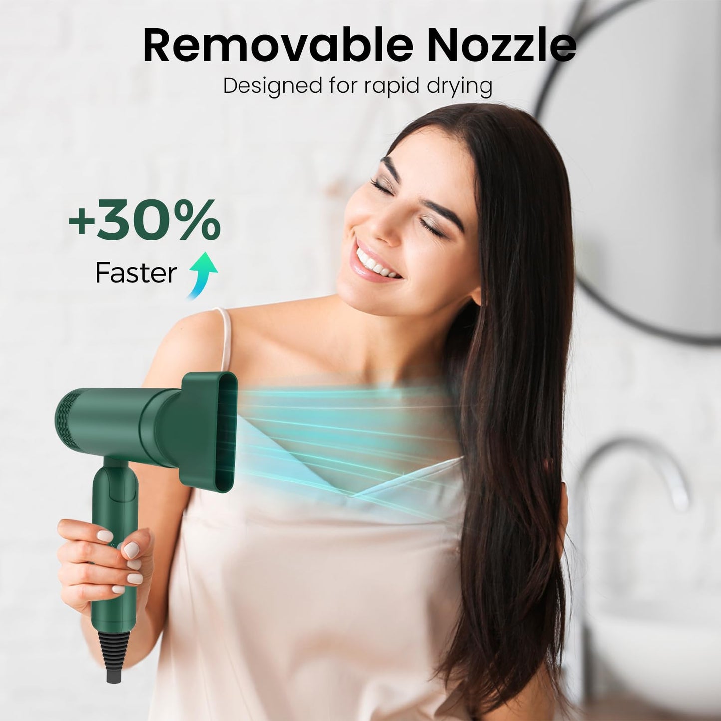 MattTravel Foldable Hair Dryer, Fast Drying Ionic Blow Dryer, Travel Hair Blow Dryer with Removable Nozzle and Storage Bag, Lightweight Portable Hairdryer for Women, Green